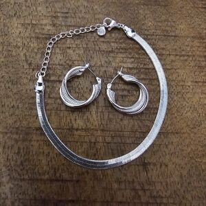 Silver-Tone Herringbone Bracelet with Hoop Earrings Set